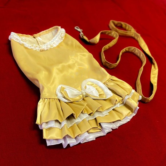 Ruffle Gold Dog Dress Matching Leash Formal Pearl Studded Bow Accent Pet Wedding - Picture 1 of 13